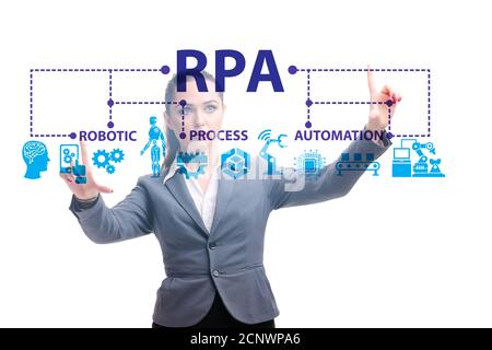 Geschäftsfrau drückt Tasten im RPA-Konzept Stockfoto
