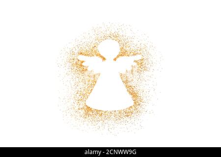 Engel Weihnachtsdekoration auf goldenem Glitter isoliert auf weißem Hintergrund Stockfoto