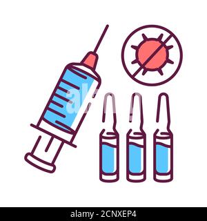 Symbol für die Farblinie der Grippeschutzimpfung. Ein Impfstoff, der mit einer Nadel verabreicht wird, in der Regel im Arm. Piktogramm für Webseite, mobile App, Promo. UI UX GUI Design Element Stockfoto