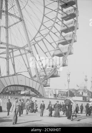 Blick auf das Riesenrad auf der Weltausstellung Columbian Exposition, Chicago, Illinois, 1893. Stockfoto