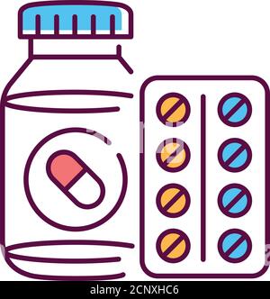 Tablettenflasche und Blisterfarbe Symbol. Pharmazeutisches Produkt. Gesundheitssymbol. Piktogramm für Webseite, mobile App. UI UX GUI Design Element. Editierbar Stock Vektor