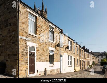 Tenter Terrace, eine Reihe von Reihenhäusern aus lokalem Sandstein im frühen 19. Jahrhundert, Durham City, Co. Durham, England, Großbritannien Stockfoto