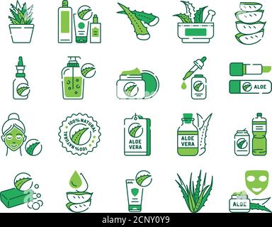 Aloe Farbe Linie Symbole gesetzt. Pflegeprodukte mit Aloe-Extrakt für Gesicht und Körper. Slincare. Kosmetik. Piktogramm für Webseite, mobile App, Promo. UI-UX Stock Vektor