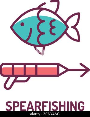 Spearfishing Farbe Linie Symbol auf weißem Hintergrund. Extremsport. Schwimmen unter Wasser. Jagd nach Unterwassertieren. Piktogramm für Webseite, mobil Stock Vektor