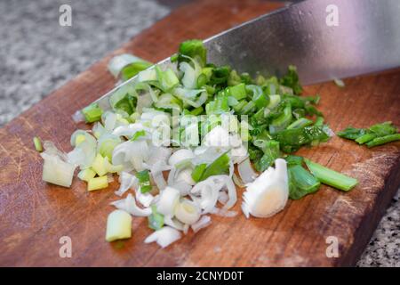 Nahaufnahme der grünen Zwiebel in dünne Scheiben auf Holz geschnitten Platine Stockfoto
