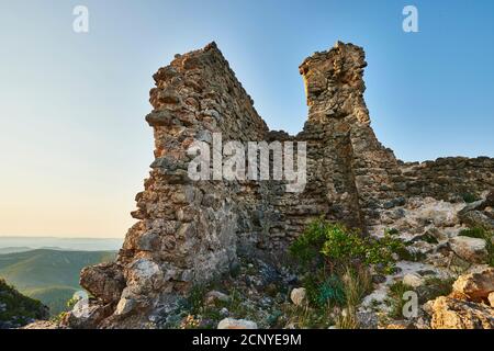 Burgruinen, Castell del Montmell, Inland, Provinz Tarragona, Katalonien, Spanien, Europa Stockfoto