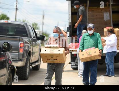 El Cenizo, TX USA 17. September 2020: Lokale Freiwillige verteilen Lebensmittelkisten an Bewohner der colonia von El Cenizo etwa 10 Meilen südlich von Laredo entlang der Texas-Mexiko-Grenze. Etwa 450 Familien werden zweimal in der Woche mit Heftklammern und frischem Obst in einer von der lateinamerikanischen lutherischen Mission (LALM) gesponserten Bemühung serviert. Aufgrund der Coronavirus-Pandemie ist die Verteilung nun ein sozial distanziertes Drive-Through-Ereignis, bei dem Freiwillige und Kunden alle Gesichtsbezüge tragen. Kredit: Bob Daemmrich/Alamy Live Nachrichten Stockfoto
