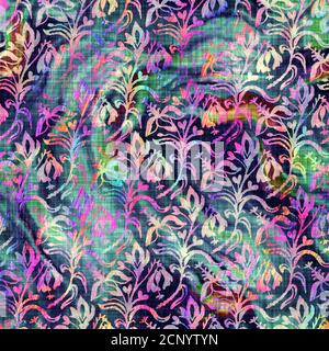 Verschwommener Regenbogen Glitch künstlerische florale Textur Hintergrund. Unregelmäßige Blutung Aquarell Krawatte Farbstoff nahtlose Muster. Ombre verzerrte Boho Blume ganz Stockfoto