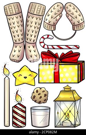 Set von farbigen Weihnachtssticker. Weihnachtssticker. Weihnachtsstern, Weihnachtsmann, Milch mit Keksen, Weihnachtskerzen, Laterne, Geschenke, Überraschung. Stockfoto