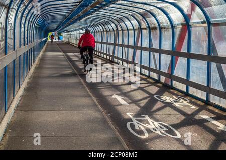 Cycling Infrastructure - überdachte Fahrrad-und Fußgängerbrücke in Cambridge UK. Tony Carter Bridge, eine überdachte Fahrradbrücke, wurde 1989 eröffnet. Stockfoto