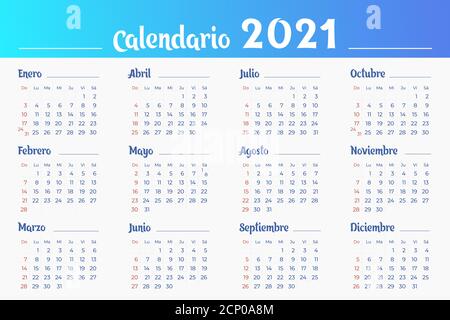 Kalender 2021 Vorlage auf Spanisch. 12 Monate. Sonntage sind rot markiert. Vektor bearbeitbare Vorlage. Horizontales Poster, Banner, Web. Stock Vektor