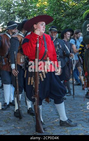 PRAG - 18. September: Prozession der historischen Reenaktoren am Vorabend der Schlacht von Bila Hora, vor 400 Jahren am Pisecka Tor am 18. September, Stockfoto
