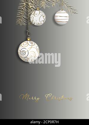 2021 Jahre, Weihnachten festliche Grußkarte. Goldene Dekoration Ornament mit weihnachtlichen weißen Goldkugeln auf grauem pastellfarbenem Hintergrund. Text-Frohe Weihnachten. 3D-Rendering Stockfoto