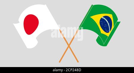 Gekreuzte und winkende Flaggen von Brasilien und Japan. Vektorgrafik Stock Vektor