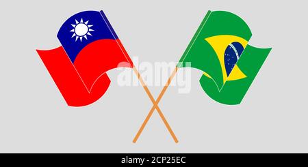 Gekreuzte und winkende Flaggen von Brasilien und Taiwan. Vektorgrafik Stock Vektor