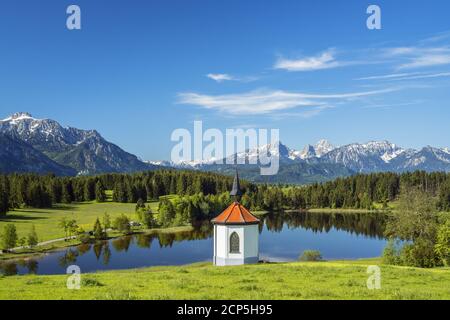 Hegratsrieder Kapelle vor dem Panorama der Allgäuer Alpen bei Halch, Ostallgäu, Allgäu, Schwaben, Bayern, Süddeutschland, Deutschland, Europa Stockfoto