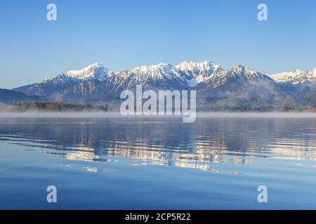 Hopfensee vor dem Panorama der Tannheimer Berge, Hopfen am See, Allgäu, Ostallgäu, Allgäuer Alpen, Bayerisches Schwaben, Bayern, Deutschland, Euro Stockfoto