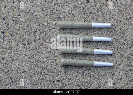 Pre-Rolls Cannabis Gelenke und getrocknete Blume Marihuana auf einem Beton Hintergrund Stockfoto