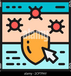 Website mit Schild, Browser-Antivirus, Cyber-Schutz flache Farblinie Symbol. Stock Vektor