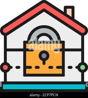 Haus mit Schloss, Sicherheit zu Hause, Versicherung flache Farblinie Symbol. Stock Vektor