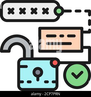 Offenes Schloss mit PIN-Code, Passwort und Entsperrung, Kryptographie-Symbol mit flacher Farblinie. Stock Vektor