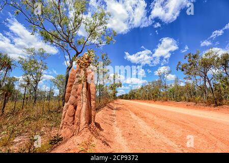 Beeindruckende Aussicht auf die Central Arnhem Road mit rotem Staub und einem hohen Termitenhügel, East Arnhem Land, Northern Territory, NT, Australien Stockfoto