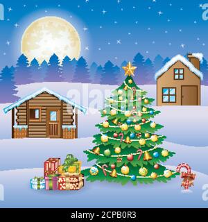 Winterlandschaft mit schneebedeckten Holzhäusern und weihnachtsbaum Stock Vektor