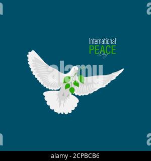 Vektor-Illustration des Internationalen Friedenstages. September 21. Taube fliegt mit Blättern auf dem Schnabel Stock Vektor