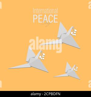 Vektor-Illustration des Internationalen Friedenstages. September 21. Taube fliegt mit Blättern auf dem Schnabel Stock Vektor