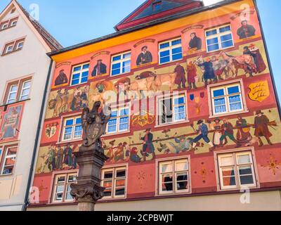 Fresko, bemalte Hausfassade in Herrengasse, historische Altstadt, Wangen im Allgäu, Baden-Württemberg, Deutschland, Europa Stockfoto