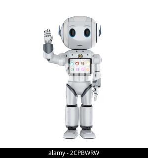 Roboter-Assistent mit 3d-Rendering niedlichen Roboter mit digitalem Tablet Stockfoto