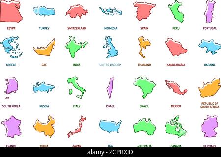 Symbole für Länderfarben eingestellt. Verschiedene Länder der Welt aus allen Kontinenten. Piktogramm für Webseite, mobile App, Promo. UI UX GUI Design Element Stock Vektor