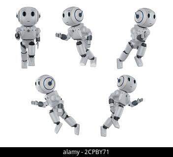 3d Rendering Satz von niedlichen künstlichen Intelligenz Roboter laufen oder Verschieben Stockfoto