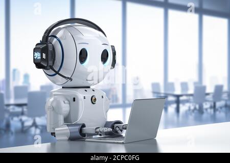 Automatisierung Kundendienst Konzept mit 3d-Rendering niedlich Roboter arbeiten Mit Headset und Notebook Stockfoto