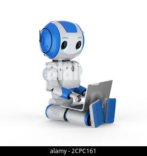 3D-Rendering cute künstliche Intelligenz Roboter mit computer notebook Stockfoto