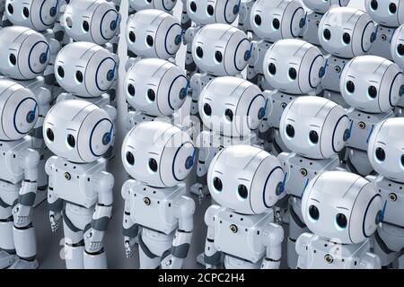 3d-Rendering-Gruppe von niedlichen künstlichen Intelligenz Roboter oder Roboter Armee mit Zeichentrickfigur Stockfoto
