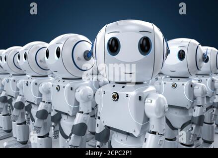 3d-Rendering-Gruppe von niedlichen künstlichen Intelligenz Roboter oder Roboter Armee mit Zeichentrickfigur Stockfoto