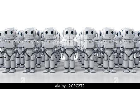 3d-Rendering-Gruppe von niedlichen künstlichen Intelligenz Roboter oder Roboter Armee mit Zeichentrickfigur Stockfoto