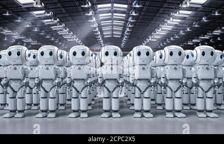 3d-Rendering-Gruppe von niedlichen künstlichen Intelligenz Roboter oder Roboter Armee mit Zeichentrickfigur Stockfoto