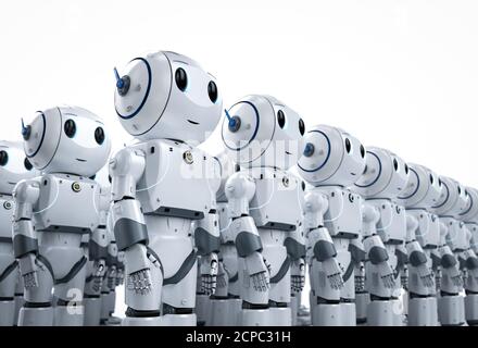 3d-Rendering-Gruppe von niedlichen künstlichen Intelligenz Roboter oder Roboter Armee mit Zeichentrickfigur Stockfoto