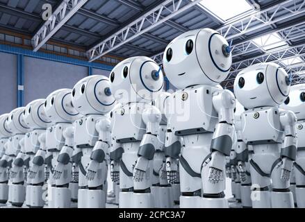 3d-Rendering-Gruppe von niedlichen künstlichen Intelligenz Roboter oder Roboter Armee mit Zeichentrickfigur Stockfoto