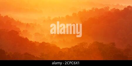 Wunderbarer Herbstberg im Morgennebel, glühender Sonnenaufgang scheint auf Herbstwald und Bergkette im Hintergrund. Weichfokus. Stockfoto