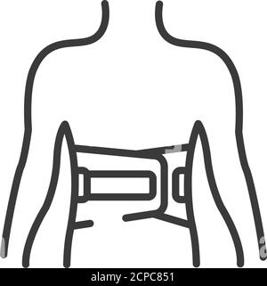 Bindegürtel für ein schwarzes Symbol der Rückenlinie. Medizinische Unterstützung der Lendenwirbelsäule nach Verletzungen und Verstauchungen. Bandage zur Schmerzlinderung. Korrektur Der Körperhaltung. Zeichen Stock Vektor