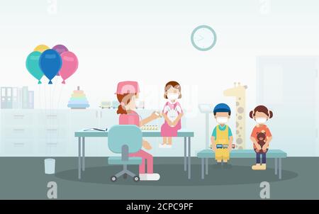 Impfkonzept mit Krankenschwester halten Spritze mit Impfstoff flach Design Vektor Illustration Stock Vektor