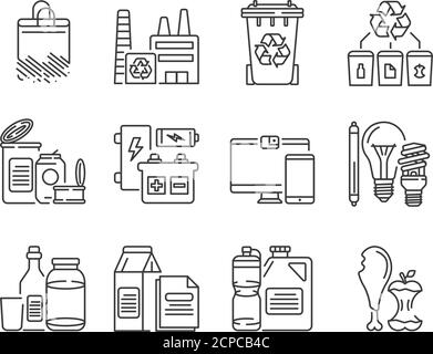 Recycling schwarze Linie Symbole gesetzt. Mülltrennung. Zero Waste Lifestyle. Umweltfreundlich. Für Webseite, App anmelden. UI UX GUI Design Element. Bearbeitbare Kontur Stock Vektor