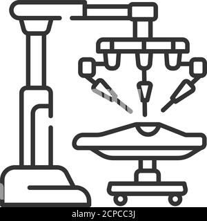 Symbol für schwarze Linie des medizinischen Roboters. Roboter Chirurg macht einen Operationpatienten auf dem Operationstisch. Innovation in der Medizin. Für Webseite, App anmelden. UI-UX-GUI Stock Vektor