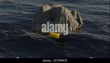 3d-Illustration, Barrel mit radioaktivem Kernabfall schwimmt auf dem Ozean vor einem Felsen gerendert Stockfoto