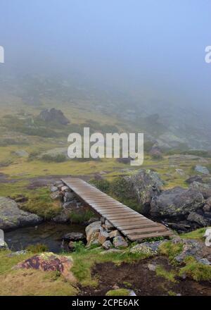 Vertikale Aufnahme einer hölzernen Fußgängerbrücke über einen kleinen Bach Von Wasser in nebelbedeckten Bergen Stockfoto