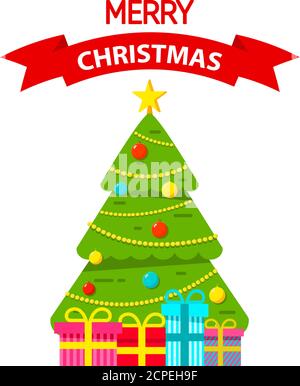 Geschmückter weihnachtsbaum. Frohe Weihnachten. Geschenkschachteln. Stock Vektor