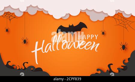 Happy Halloween Party Dekoration mit Wolke, Fledermaus, Spinnennetz und dunklen Nebel Papier Schnitt Stil Hintergrund Vektor Illustration Stock Vektor